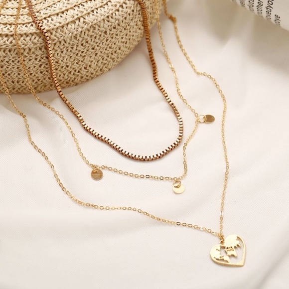 **CILO* Gold Heart x Earth Fashion Layered Necklace - Picture 1 of 7